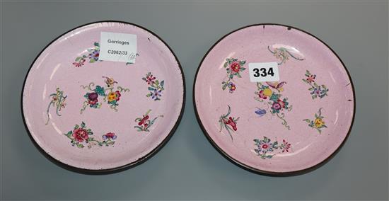 A pair of Canton enamel powder pink ground dishes, Qianlong mark, 19th century